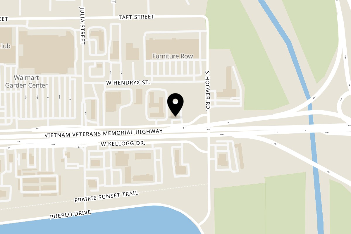 Map showing the location of The Easy Egg Breakfast & Lunch W Kellogg Dr on 5700 W Kellogg Dr in Wichita